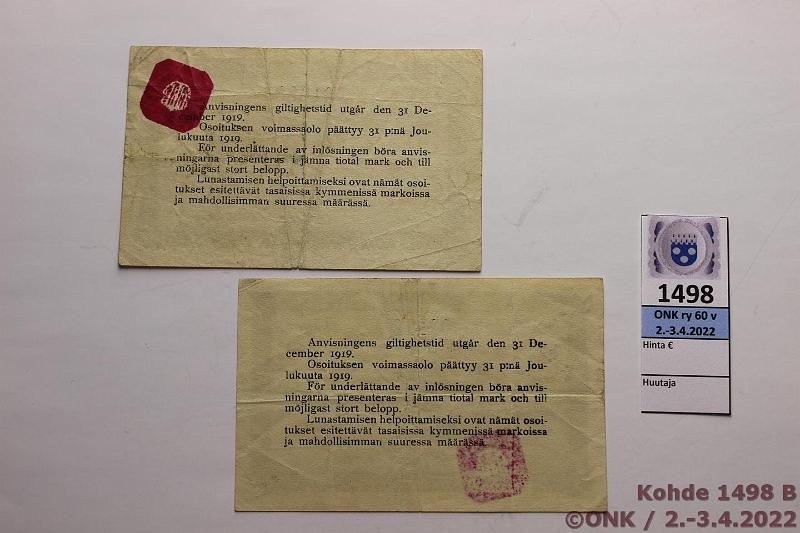 k-1498-b.jpg - Kohde 1498 (kuva 2/2), lhthinta: 10 € / myyntihinta: 36 € 25 + 50 p 1918 Pasanen#58 Waasan Osake Pankki 25p Serie A 02112, 50p Serie B 01089, punaiset lisleimat, kunto: 4, 3
