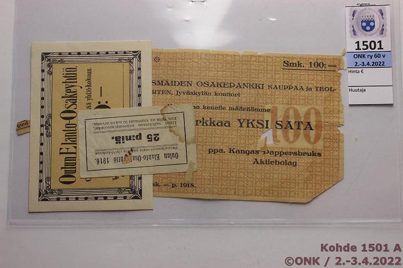 k-1501-a.jpg - Kohde 1501, lhthinta: 10 € / myyntihinta: 10 € 25 p - 100 mk (3) 1916-18 1916 Oulun Elanto-Osakeyhti 25p (tahra, eprep), 50 p kl 8. 1918 Pohjoismaiden Osakepankki, Jyvskyln konttori n:o 3011. Ppa. Kangas Peppersbrukille. Koottu palasista teipill, puutteita, kunto: 1-8