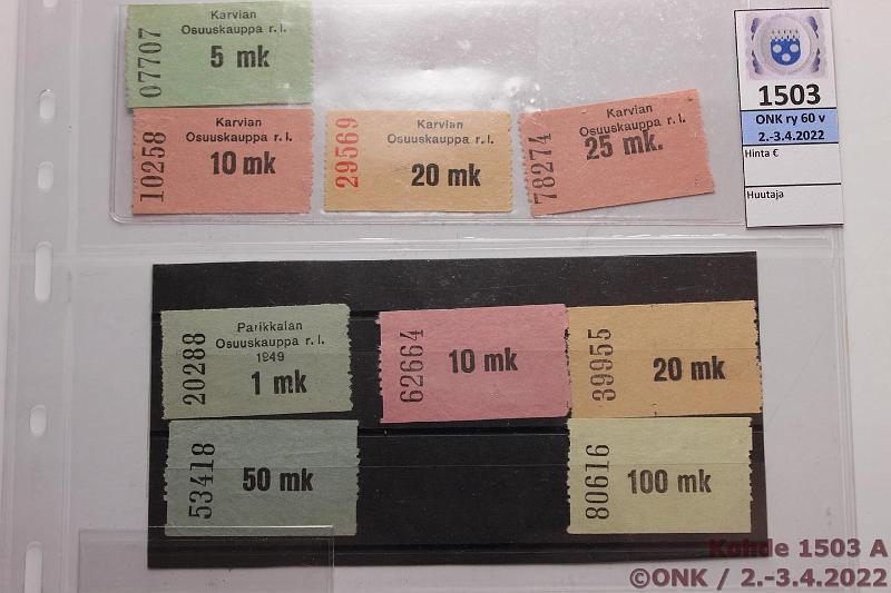 k-1503-a.jpg - Kohde 1503 (kuva 1/2), lhthinta: 20 € / myyntihinta: 27 € 30 p - 1000 mk (18) 1922-49 Karvian Osuuskauppa 5, 10, 20 ja 25mk; Parikkalan Osuuskauppa 1, 10, 20, 50 ja 100mk; KK-lipukkeet 2(2), 5, 25(2), 500 ja 1000mk; Karkialammin Sotilaskoti 30p pahvilipuke; O.Y. Kalja ja Turun Mallastehtaan pullopantti, kunto: 5-8