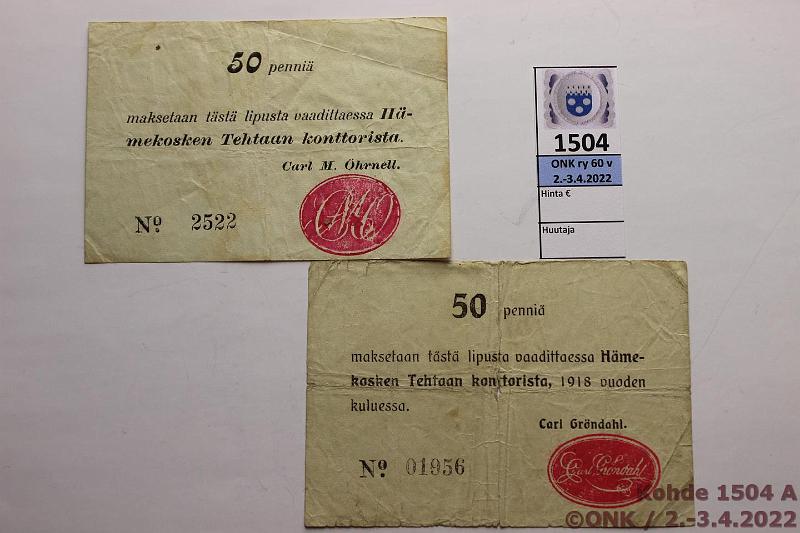 k-1504-a.jpg - Kohde 1504, lhthinta: 20 € / myyntihinta: 20 € 50 p (2) 1918 Pasanen#85, Hmeenkosken Tehdas 50p(2), eri teksti ja leimatyypit, kunto: 3, 4