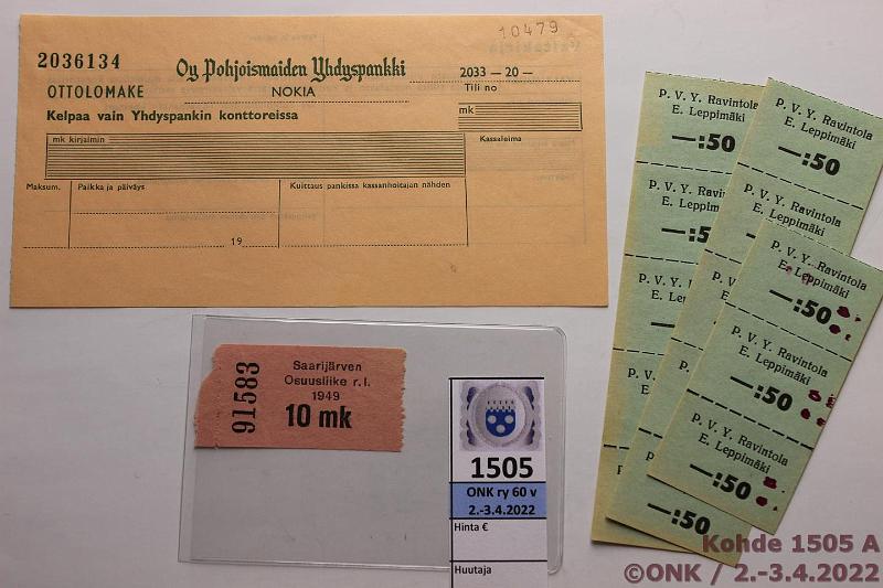 k-1505-a.jpg - Kohde 1505, lhthinta: 10 € / ei tarjouksia 50 p - 10 mk (15) 1949 Ottolomake Oy Pohjoismaiden Yhdyspankki; Saarijrven Osuusliike 1949 10mk; P.V.Y. Ravintola E.Leppimki 50p (13), kaksi 5 kpl pystyrivil ja kolmen pystyrivil kynmerkinnll, kunto: 8-9