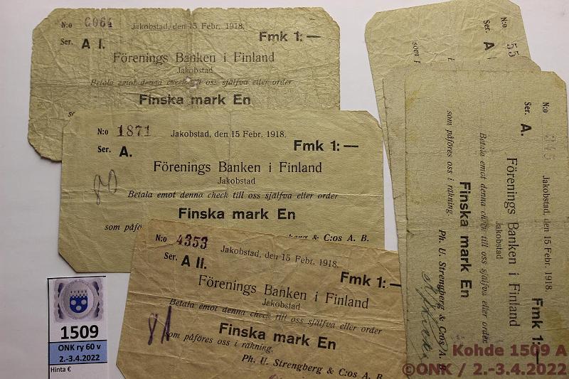 k-1509-a.jpg - Kohde 1509, lhthinta: 15 € / myyntihinta: 19 € 1 mk (6) 1918 Frenings Banken i Finland Ser A(3), A l(2), A ll (Ph. U Stenberg & C:os). Ex-SNY 389 k.935, kunto: 2-4