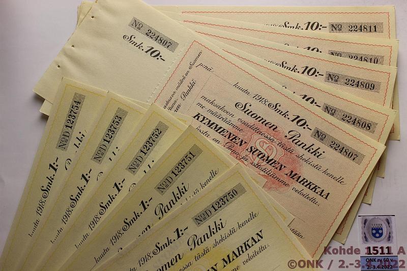 k-1511-a.jpg - Kohde 1511, lhthinta: 10 € / myyntihinta: 10 € 1 - 10 mk (10) 1918 Suomen pankki, 1mk shekki, blanco (5); 10mk shekki, blanco (5), kunto: 8-9