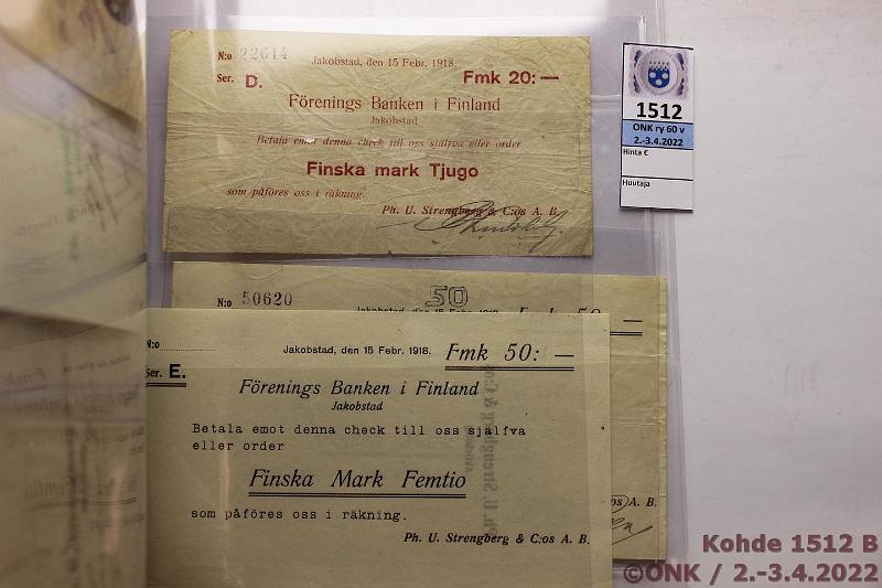 k-1512-b.jpg - Kohde 1512 (kuva 2/2), lhthinta: 20 € / myyntihinta: 85 € 1 - 50 mk (6) 1918 Frenings Banken i Finland 1mk Nr.443, 5mk Nr.7834, 10mk Nr.13400, 20mk Nr.22614, 50mk Nr.50620, 50mk numeroimaton, kunto: 2-8