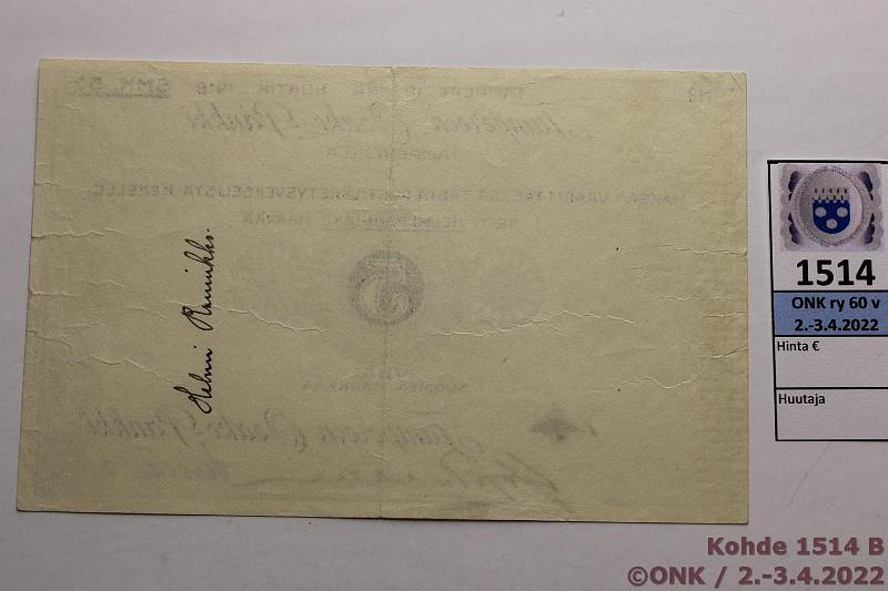 k-1514-b.jpg - Kohde 1514 (kuva 2/2), lhthinta: 15 € / myyntihinta: 24 € 5 mk 1918 Tampereen Osake-Pankki yksityishenkiln postilhetysvekseli Nr 7526 allekirjoituksin, 3mm rep, kunto: 5