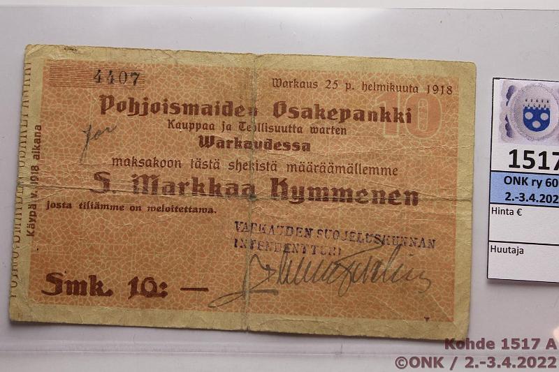 k-1517-a.jpg - Kohde 1517 (kuva 1/2), lhthinta: 20 € / myyntihinta: 36 € 10 mk 1918 Pohjoismaiden Osuuspankki Warkaus Nr.4407 Suojeluskunnan leima ja allekirjoitus, kunto: 3