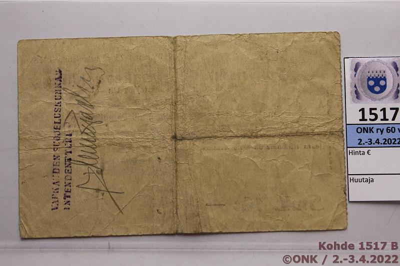 k-1517-b.jpg - Kohde 1517 (kuva 2/2), lhthinta: 20 € / myyntihinta: 36 € 10 mk 1918 Pohjoismaiden Osuuspankki Warkaus Nr.4407 Suojeluskunnan leima ja allekirjoitus, kunto: 3