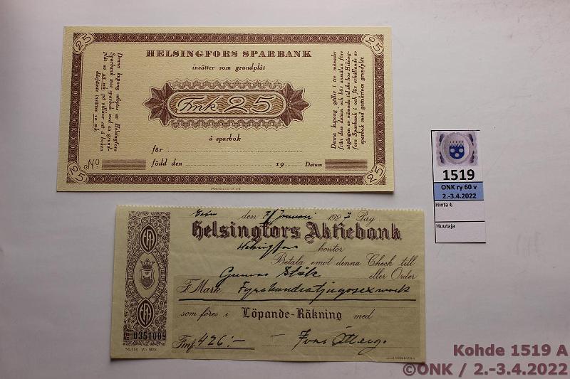 k-1519-a.jpg - Kohde 1519, lhthinta: 5 € / myyntihinta: 6 € 25 + 426 mk 1927 Helsingin Sstpankki pohjaraha 25mk; Sekki Helsingfors Aktiebank 426mk 1927, kunto: 9, 6