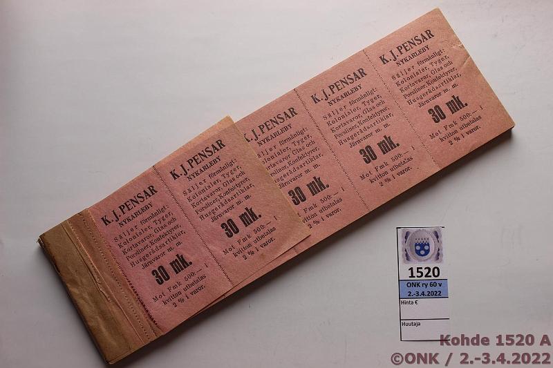 k-1520-a.jpg - Kohde 1520, lhthinta: 10 € / myyntihinta: 19 € 30 mk K.J.Pensar Lehti 30mk vaihtomerkkej (pieni osa kytetty), lhemms 400 lipuketta reilussa 70:ss 5 kpl sivussa, muutama irtonainen/vajaa sivu, kunto: 7-9
