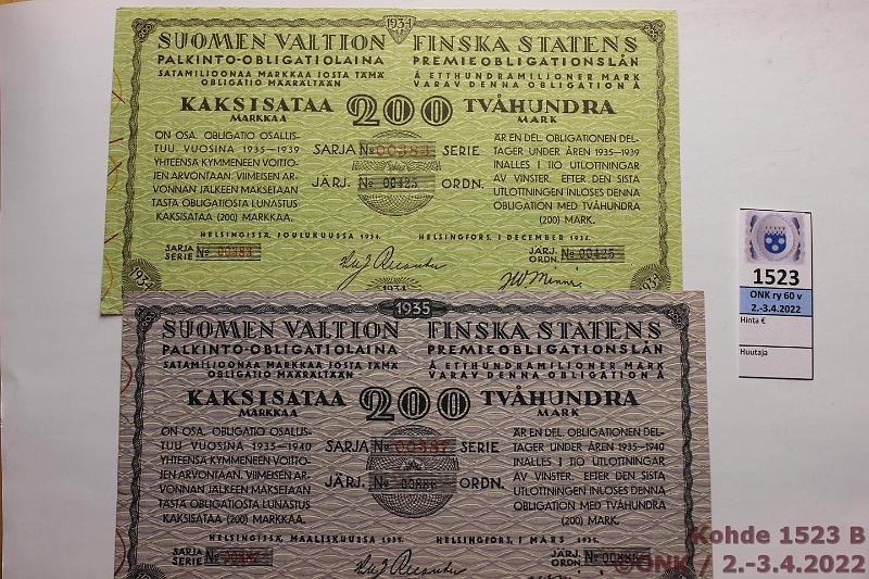 k-1523-b.jpg - Kohde 1523 (kuva 2/2), lhthinta: 15 € / myyntihinta: 15 € 50 - 200 mk (3) 1919-35 Palkinto-oblikaatio 50mk 1919 repem; 200mk 1934; 200mk 1935 kaikissa kmj, kunto: 5-7