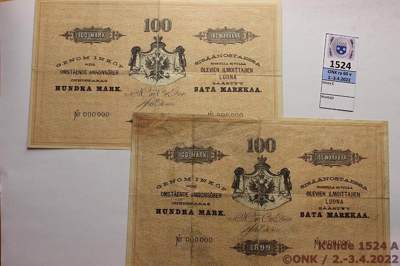 k-1524-a.jpg - Kohde 1524 (kuva 1/2), lhthinta: 10 € / myyntihinta: 10 € 100 mk (2) 1899 Sisnostokupongit, kuva-aihe kuvitteellinen 100mk 1899 seteli, rep. Ex-SNY 379 k.795, kunto: 3