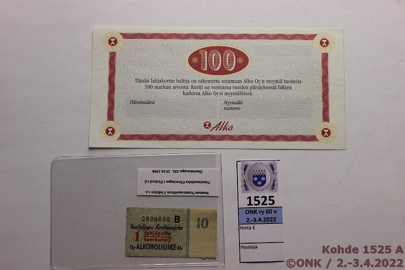 k-1525-a.jpg - Kohde 1525, lhthinta: 5 € / myyntihinta: 5 € 100 mk (2) Vastalippu 1 tyhj pullo Oy Alkoholiliike Ab; Alkon lahjakortti 100mk, blanco, kunto: 7, 9