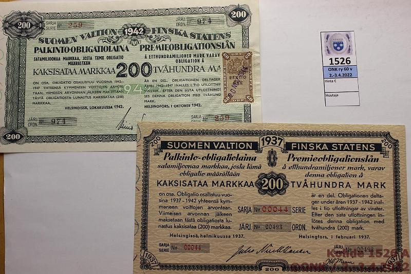 k-1526-a.jpg - Kohde 1526 (kuva 1/2), lhthinta: 10 € / myyntihinta: 13 € 200 mk (3) 1937-42 Palkinto-oblikaatio 1937, 2 rep, -42; Suomen Valtion Tyn ja Taistelun Laina 1941, kunto: 4-7