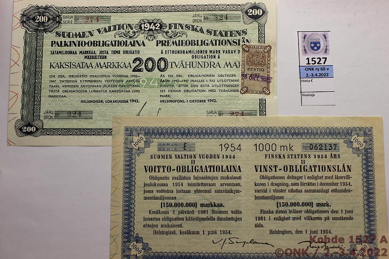 k-1527-a.jpg - Kohde 1527 (kuva 1/2), lhthinta: 10 € / myyntihinta: 10 € 200 - 1000 mk (3) 1941-54 Palkinto-oblikaatio 200mk 1941, km, -42; Voitto-oblikaatio 1000mk 1954, kunto: 5-7