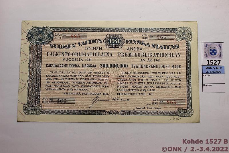 k-1527-b.jpg - Kohde 1527 (kuva 2/2), lhthinta: 10 € / myyntihinta: 10 € 200 - 1000 mk (3) 1941-54 Palkinto-oblikaatio 200mk 1941, km, -42; Voitto-oblikaatio 1000mk 1954, kunto: 5-7