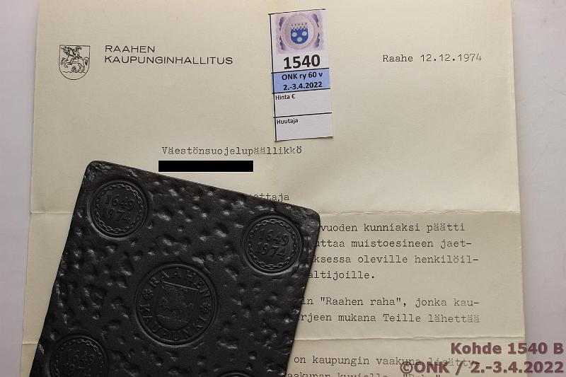 k-1540-b.jpg - Kohde 1540 (kuva 2/2), lhthinta: 5 € / myyntihinta: 7 € Raahe 325 v 1974 Fe, 99 x 99 mm "plootu". Mukana taustatiedot alkuperisell saatekirjeell., kunto: 9