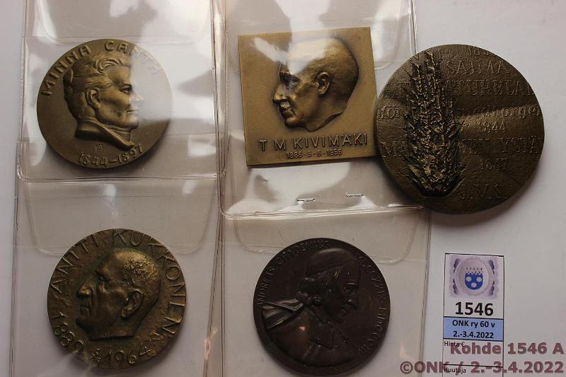 k-1546-a.jpg - Kohde 1546, lhthinta: 15 € / ei tarjouksia Mitalit (5) J.W.Snellman; Minna Canth L41; Anders Chydenius; T.M. Kivimki L154; Antti Kukkonen L160, kunto: 9