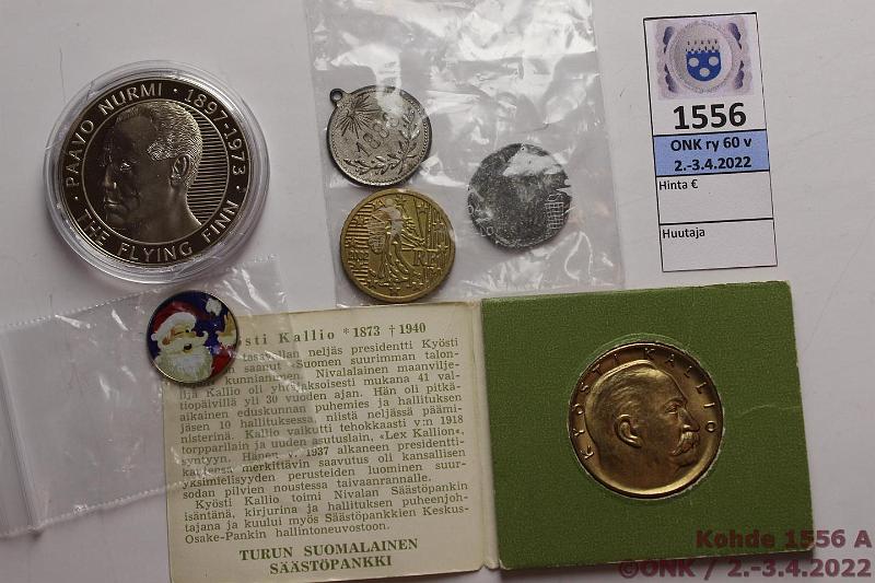 k-1556-a.jpg - Kohde 1556, lhthinta: 5 € / myyntihinta: 6 € Mitali ym. (6) Moneta: Niue 1 $ 2013 Paavo Nurmi, CuNi, Proof; SP-mitali Kallio; 50 p 1990 vritetty Joulupukki; "50 snt Ranska" taikakolikko, jossa tp molemmilla puolin; koruriipus Saksa 1888; 5 mk 1946 peilikuvana tekele, sinkki(?), kunto: vk