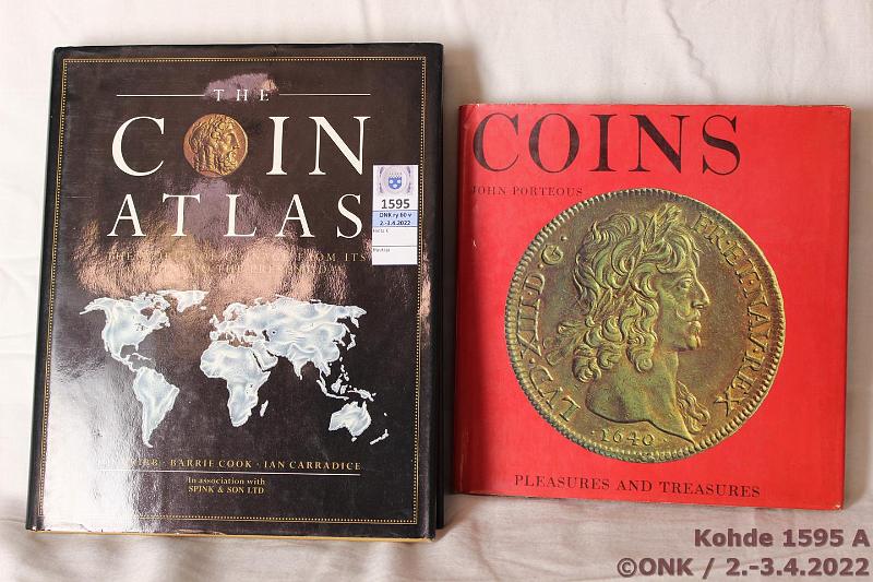 k-1595-a.jpg - Kohde 1595, lähtöhinta: 20 € / ei tarjouksia Erä (2) Porteous, John: Coins, 1967, 128 s. (Rahan historiaa Antiikin Kreikasta 1960-luvulle) + Cribb - Cook - Carradice: The Coin Atlas The World of Coinage from its Origins to the Present Day, 1990, 337 s., kunto: Siistejä