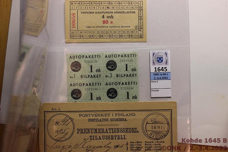 k-1645-b.jpg - Kohde 1645 (kuva 2/2), lhthinta: 20 € / myyntihinta: 20 € Er (6) 1895-1977 Fin Batt Yhtenismessi-Suez 0,10$, Neuvostoliitto 20 l bensalippu 1977 leimattu, Poletti Wiimeisen sulun sulkuvartijalle, Viipurin Kaupungin Shklaitos 4mk 80p, Autopaketti 1mk 4kpl, Postilaitos Suomessa Tilausseteli leima 5.11.1895 Kuopio, kunto: 4-8