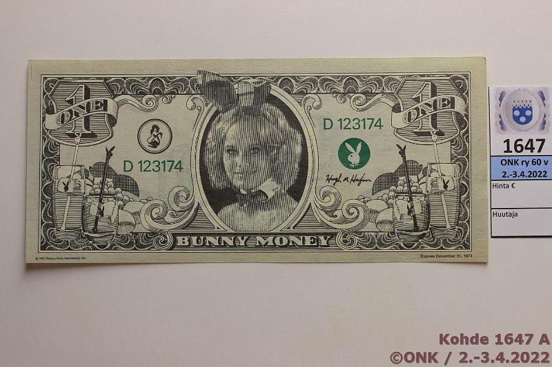 k-1647-a.jpg - Kohde 1647 (kuva 1/2), lhthinta: 7 € / myyntihinta: 14 € Playboy Club, USA 1973 1$ 1973. Kynyt dollarista Playboy-klubeilla, kunto: 9