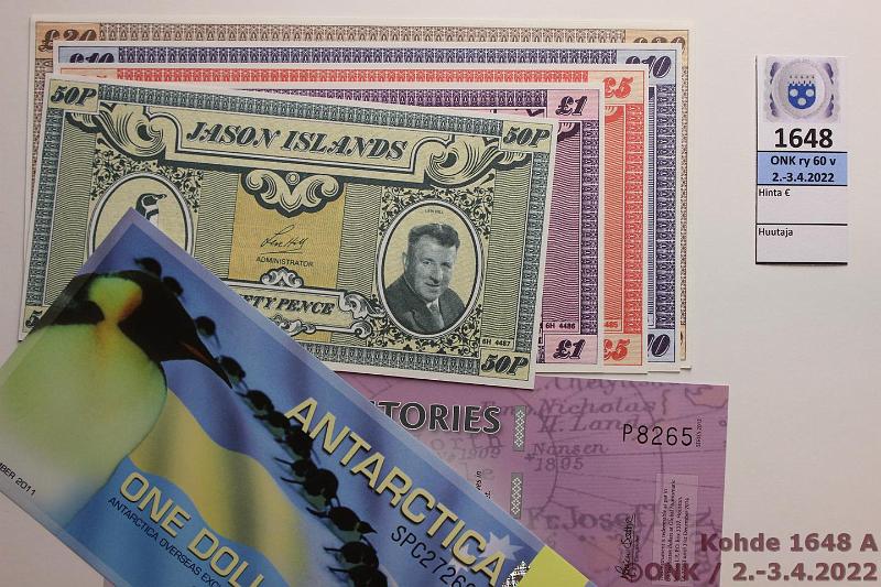k-1648-a.jpg - Kohde 1648 (kuva 1/2), lhthinta: 15 € / myyntihinta: 15 € Yksityispankkien ym seteleit (10) 1979-2012 Jason Island 50p, 1, 5 10 ja 20 1979. Antarctica 1$ 2011. Arctic Territories 1$ 2012. Armenia Savings Bank certificates 250, 5000 ja 1000 rpl 1988, kunto: 9