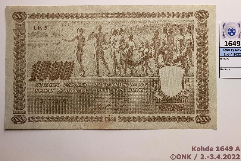 k-1649-a.jpg - Kohde 1649 (kuva 1/3), lhthinta: 5 € / myyntihinta: 8 € Teatterisetelit ? Suomi 1000mk 1945, Venj 50 ruplaa 1899, kunto: 6