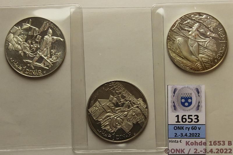 k-1653-b.jpg - Kohde 1653 (kuva 2/2), lhthinta: 19 € / myyntihinta: 42 € Tunisia 1 din (3) 1969 KM#292, 296, 299 Ag, 3x20g/925, hnja, kunto: 9