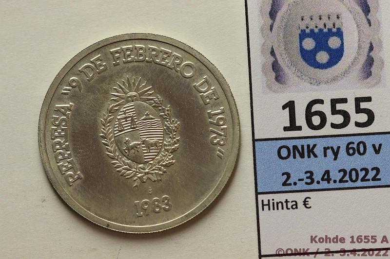 k-1655-a.jpg - Kohde 1655 (kuva 1/2), lhthinta: 5 € / myyntihinta: 7 € Uruguai 500 n.pesos 1983 KM#82 Ag, 12g/900, 9 de Febrero de 1973 Dam, sormenjlki, hnja, kunto: 8