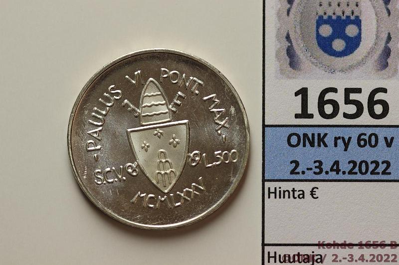 k-1656-b.jpg - Kohde 1656 (kuva 2/2), lhthinta: 8 € / myyntihinta: 12 € Vatikaani 500 lire 1975 KM#131 Ag, 11g/835, Holy Year - Forgiveness, hnja, kunto: 9