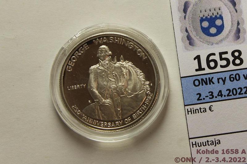 k-1658-a.jpg - Kohde 1658 (kuva 1/2), lhthinta: 5 € / myyntihinta: 7 € USA  $ 1982S KM#208 Ag, Proof, 12,5g/900, Washington 250th anniversary, kapselissa sr, kunto: 10