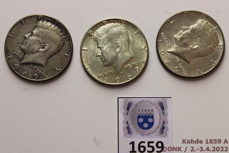 k-1659-a.jpg - Kohde 1659 (kuva 1/2), lhthinta: 5 € / myyntihinta: 10 € USA  $ (3) 1969D KM#202a Ag, 3x11,5g/400, kunto: 3-7