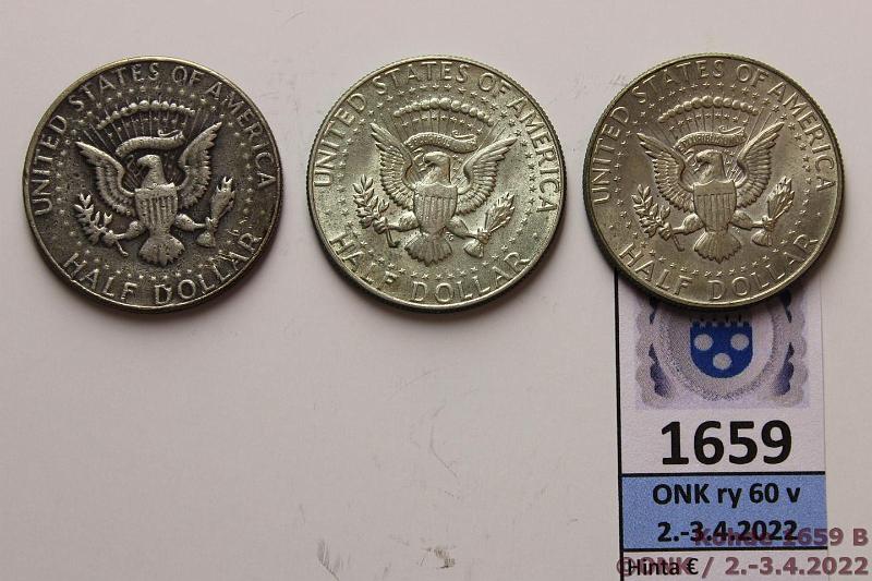 k-1659-b.jpg - Kohde 1659 (kuva 2/2), lhthinta: 5 € / myyntihinta: 10 € USA  $ (3) 1969D KM#202a Ag, 3x11,5g/400, kunto: 3-7