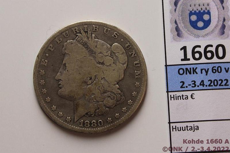 k-1660-a.jpg - Kohde 1660 (kuva 1/2), lhthinta: 15 € / myyntihinta: 27 € USA 1 $ 1880o KM#110 Ag, 26,73g/900, Morgan dollar, kunto: 3