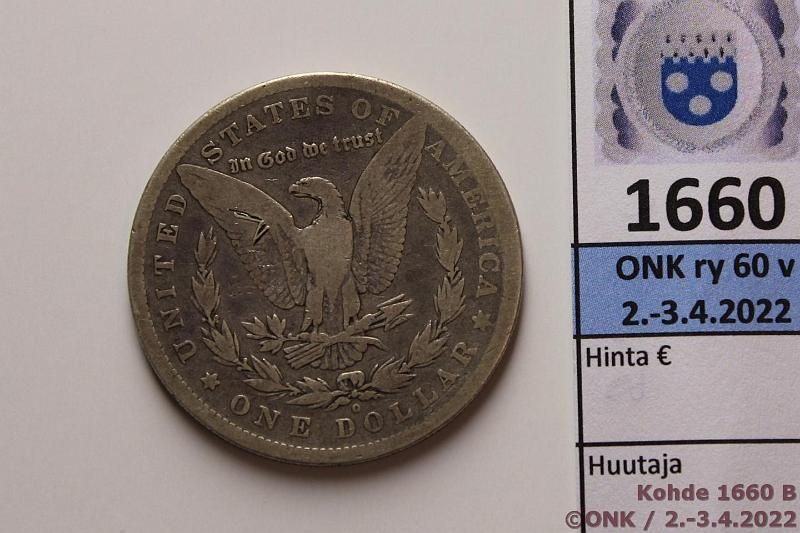 k-1660-b.jpg - Kohde 1660 (kuva 2/2), lhthinta: 15 € / myyntihinta: 27 € USA 1 $ 1880o KM#110 Ag, 26,73g/900, Morgan dollar, kunto: 3