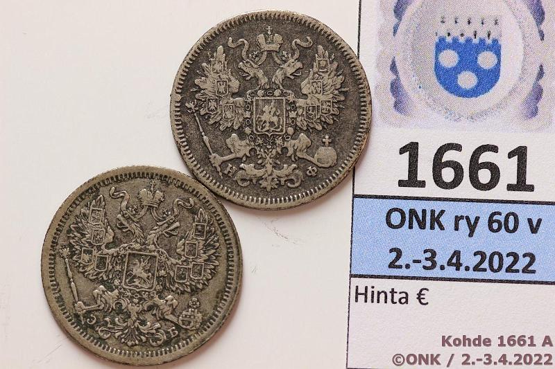 k-1661-a.jpg - Kohde 1661 (kuva 1/2), lhthinta: 5 € / myyntihinta: 7 € Venj 20 kop (2) 1866, 1907 Y#22.2, 22a.1 Ag, 4,08g/750 + 3,6g/500, 1866 СПБ НФ, kunto: 4, 5
