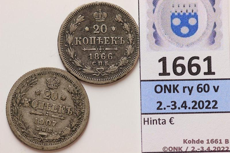 k-1661-b.jpg - Kohde 1661 (kuva 2/2), lhthinta: 5 € / myyntihinta: 7 € Venj 20 kop (2) 1866, 1907 Y#22.2, 22a.1 Ag, 4,08g/750 + 3,6g/500, 1866 СПБ НФ, kunto: 4, 5