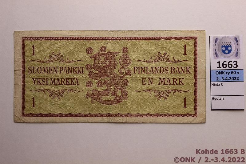 k-1663-b.jpg - Kohde 1663 (kuva 2/2), lhthinta: 1963 € / myyntihinta: 1963 € 1 mk 1963 A* SNY 114.3.2 A0055444* KA I-Sac, erittin harvinainen korvaava, 6 kpl tunnetaan, kunto: 3