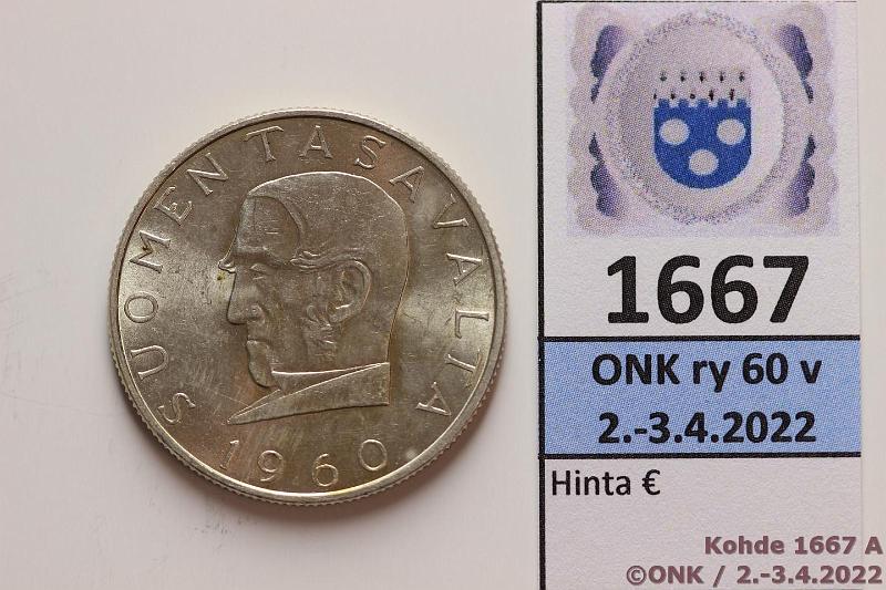 k-1667-a.jpg - Kohde 1667 (kuva 1/2), lhthinta: 8 € / myyntihinta: 8 € 1000 mk 1960 Ag, kunto: 9
