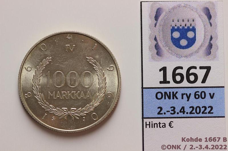 k-1667-b.jpg - Kohde 1667 (kuva 2/2), lhthinta: 8 € / myyntihinta: 8 € 1000 mk 1960 Ag, kunto: 9