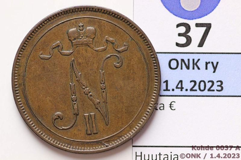 k-0037-a.jpg - Kohde 37 (kuva 1/2), l�ht�hinta: 10 &euro; / myyntihinta: 10 &euro; 10 p 1899 Kaunis tummanruskea patina, eprv, kunto: 4/6
