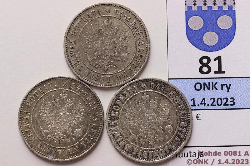 k-0081-a.jpg - Kohde 81 (kuva 1/2), l�ht�hinta: 15 &euro; / myyntihinta: 19 &euro; 1 mk 1890, -92, -93 Ag, lpuhd, kunto: 4-5