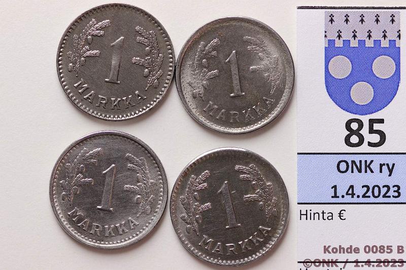 k-0085-b.jpg - Kohde 85 (kuva 2/2), l�ht�hinta: 16 &euro; / ei tarjouksia 1 mk 1945, -46, -47, -48 Fe, hyv�kuntoisia, ei ruostetta, kunto: 7-8