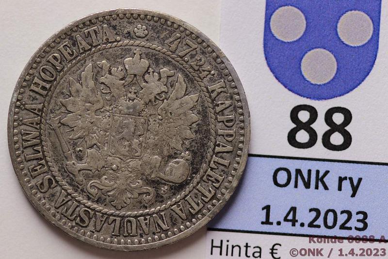 k-0088-a.jpg - Kohde 88 (kuva 1/2), l�ht�hinta: 10 &euro; / myyntihinta: 13 &euro; 2 mk 1865 Ag, SNY 493.1.2, kunto: 4