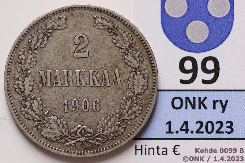 k-0099-b.jpg - Kohde 99 (kuva 2/2), l�ht�hinta: 20 &euro; / myyntihinta: 23 &euro; 2 mk 1906 Ag, SNY 500.1.1.1, pitk� /, kunto: 5