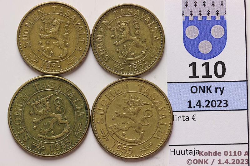k-0110-a.jpg - Kohde 110 (kuva 1/2), lhthinta: 10 € / myyntihinta: 12 € 20 + 50 mk 1954 I (2), -55 (2) AlBr, (20mk -54 lyhyet oksat), kunto: 4-5