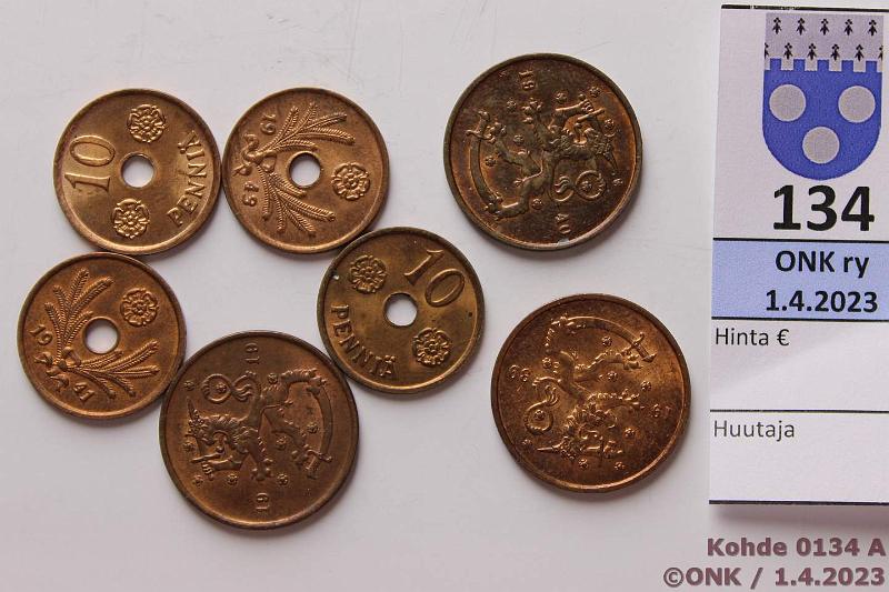 k-0134-a.jpg - Kohde 134, lhthinta: 5 € / myyntihinta: 6 € 10 p (7) 1919-43 Cu, 1919, -39, -40, -41(2), -42, 43, leimakiiltoinen er, kunto: 7-9
