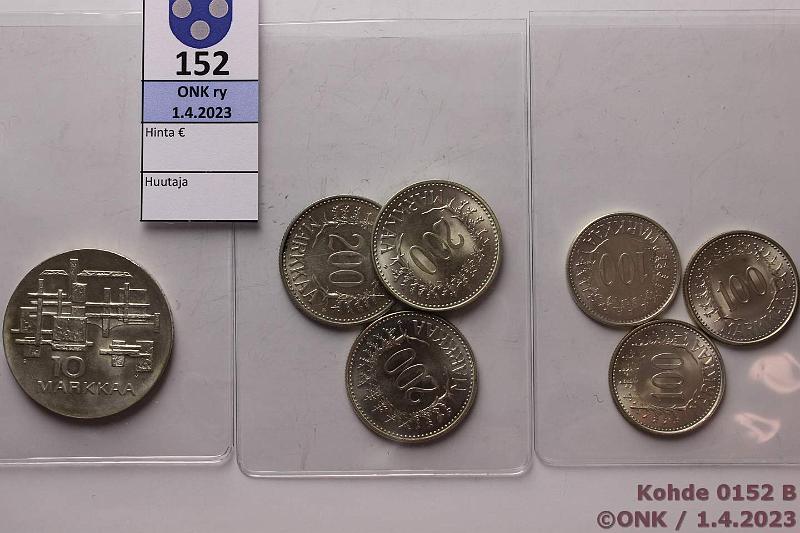 k-0152-b.jpg - Kohde 152 (kuva 2/2), l�ht�hinta: 40 &euro; / myyntihinta: 48 &euro; 10 - 200 mk (7) 1957-67 Ag, 10mk 1967 Itsen�isyys; 100mk -57, -59, -60; 200mk -57 molemmat variantit, -58H, hyv�kuntoinen er�!, kunto: 7-9
