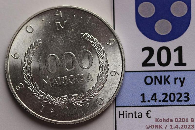 k-0201-b.jpg - Kohde 201 (kuva 2/2), l�ht�hinta: 10 &euro; / myyntihinta: 10 &euro; 1000 mk 1960 Ag, hnja, kapseli, kunto: 9
