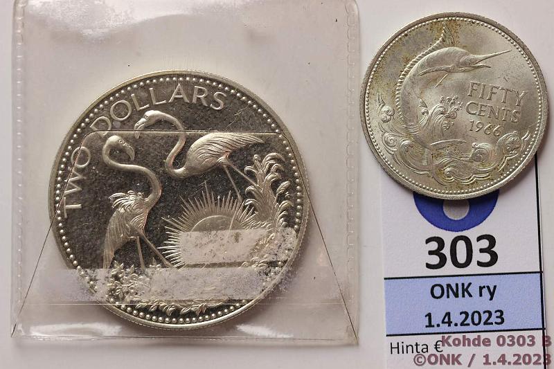 k-0303-b.jpg - Kohde 303 (kuva 2/2), lhthinta: 19 € / myyntihinta: 24 € Bahama 50 c, 2 $ 1966, -76 KM#7, 66a Ag, 10,37g/800 + 29,8g/925. 50c -66 miekkkala, patinaa; 2$ -76 flamingot Proof, muovikotelo, kunto: 7, 10